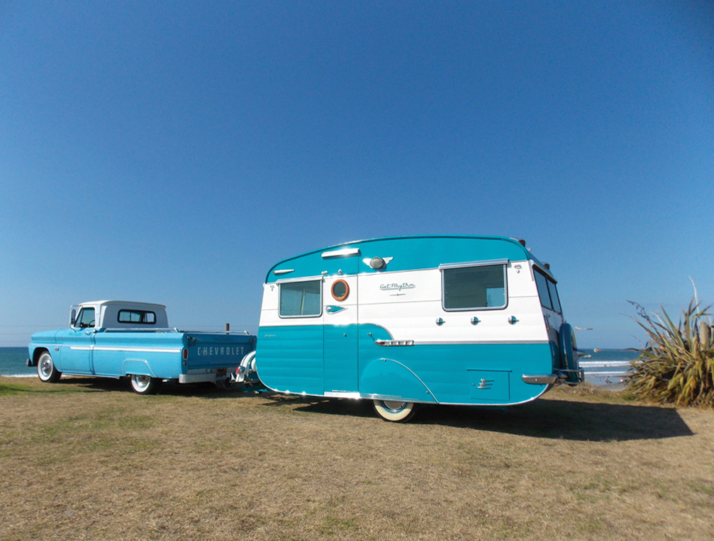 blue and white caravan
